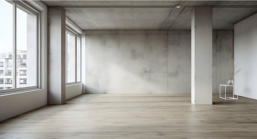 Loft Kernsanierung Hamburg – Sichtbetondecke freigelegt mit hellem Holzboden und Panoramafenster